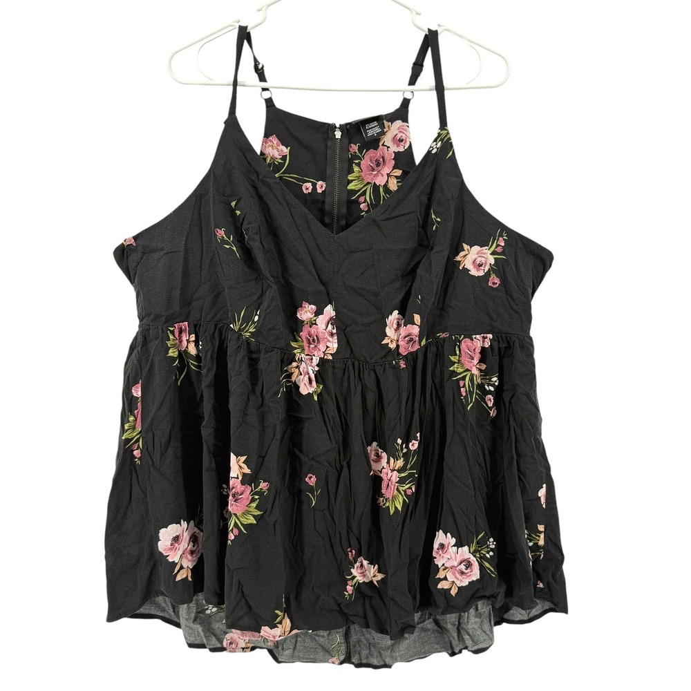 Torrid Womens Plus Size 3 (22/24 3X) Black Pink Floral Babydoll Cami Top Rose